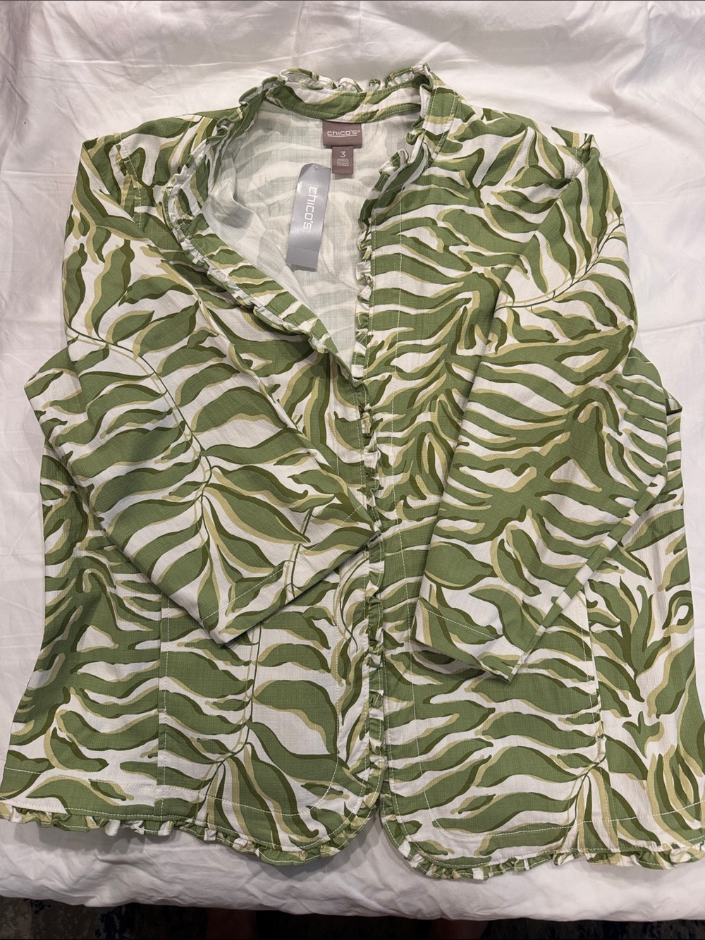 Chico's Olive and White Leaf-Print Ruffle-Trim Button Front Top